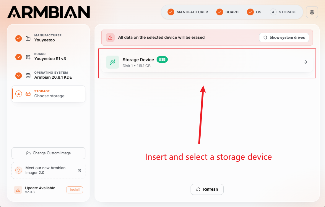Insert and select storage device